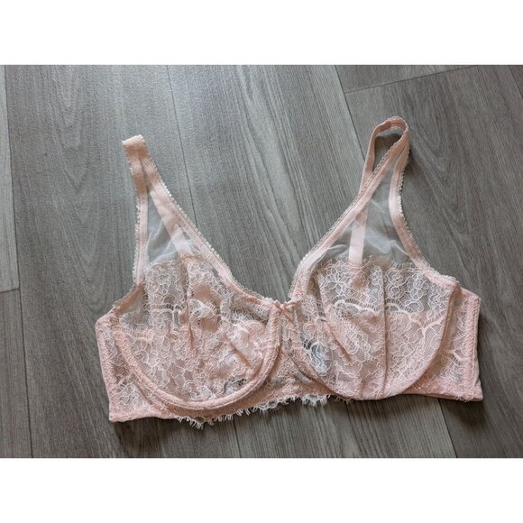 Victorias Secret Sheer Lace Unlined Plunge Underwire Bra Pale Pink Size 38D - Picture 4 of 5